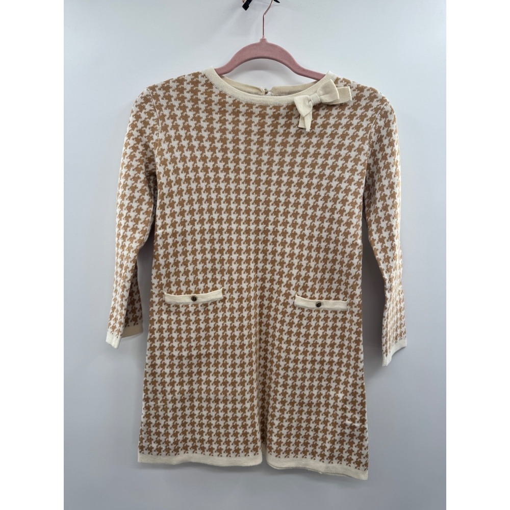 Hope &‎ Henry Sweater Dress Girls 8 Tan Houndstooth 100% Organic Cotton Bow NWT